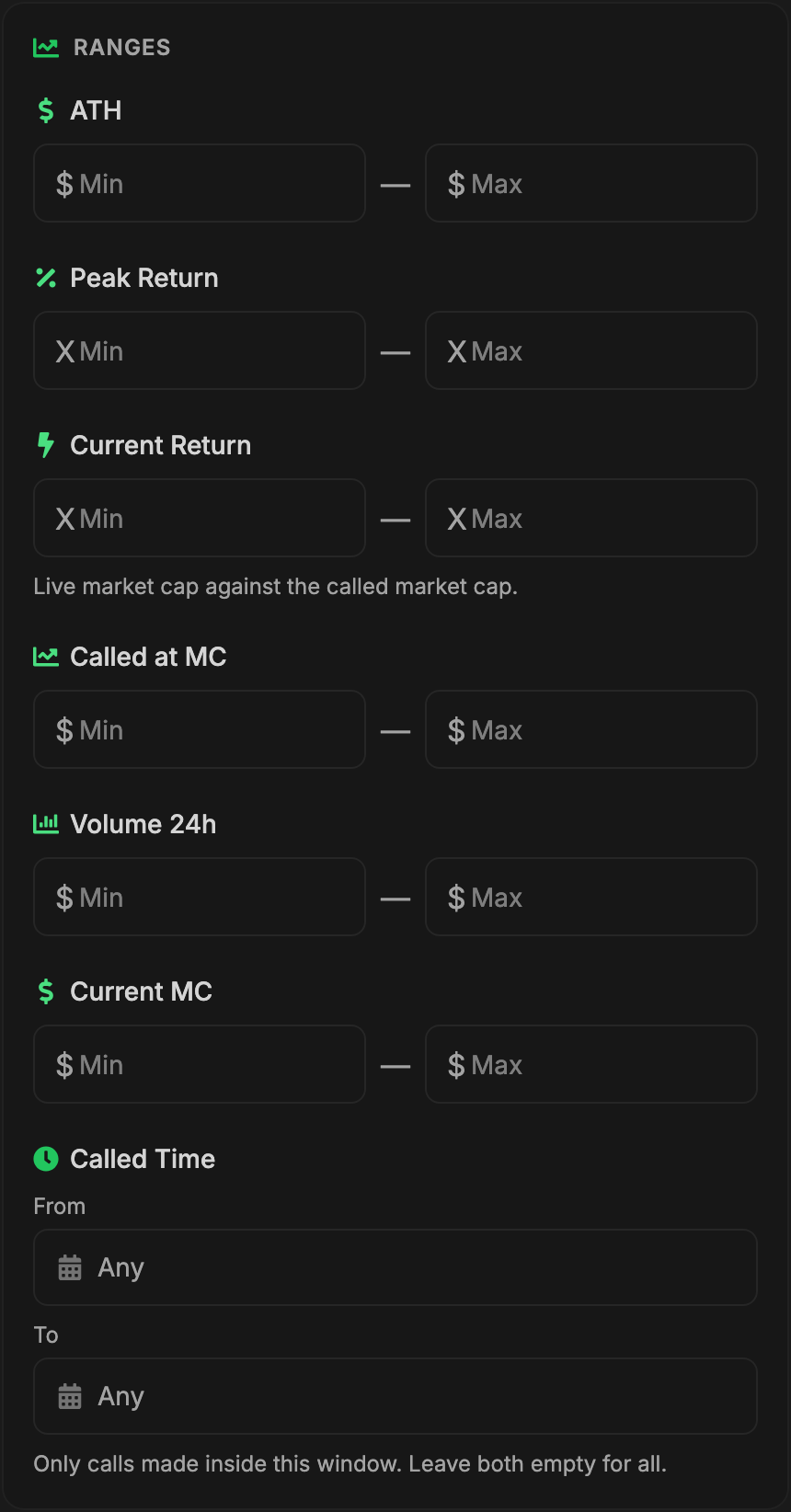 The DApp ranges panel: minimum and maximum inputs for ATH, peak return, current return, called-at market cap, 24h volume and current market cap, plus from and to pickers for called time