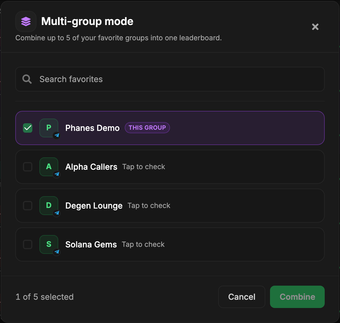 The multi-group dialog: favorite groups to tick, with the current group marked, and a Combine button
