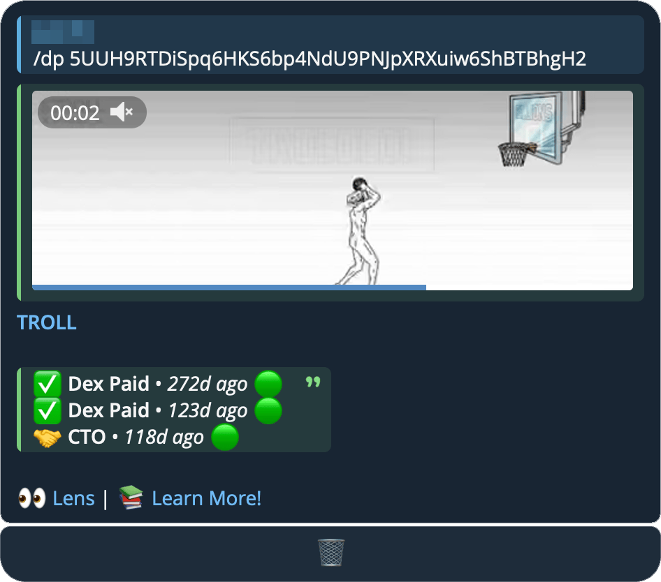 The DEX paid check for a token, showing whether its DEX Screener profile is paid