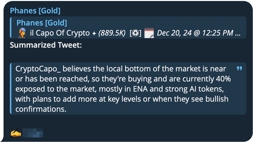 A tweet posted in a group with the Summarize button, and the summary Phanes returns