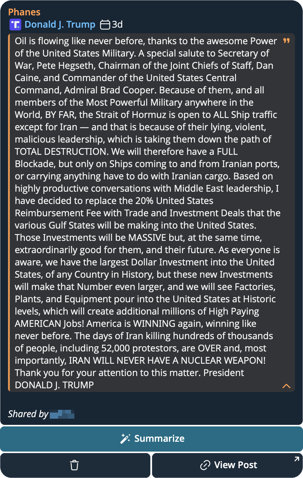 A Truth Social post unwrapped into its text and media in the chat