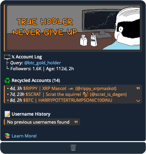 The recycled X account check: an account log with previous usernames, follower count and account age