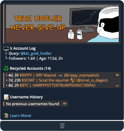 The recycled X account check: an account log with previous usernames, follower count and account age