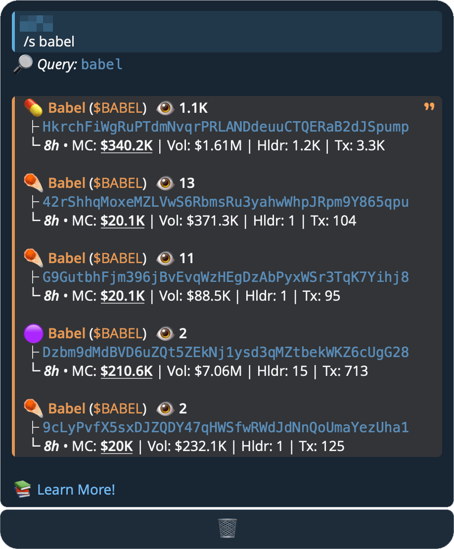 Token search results: matching coins with their chain, market cap and links