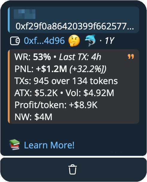 Wallet stats: a wallet's performance and recent trades