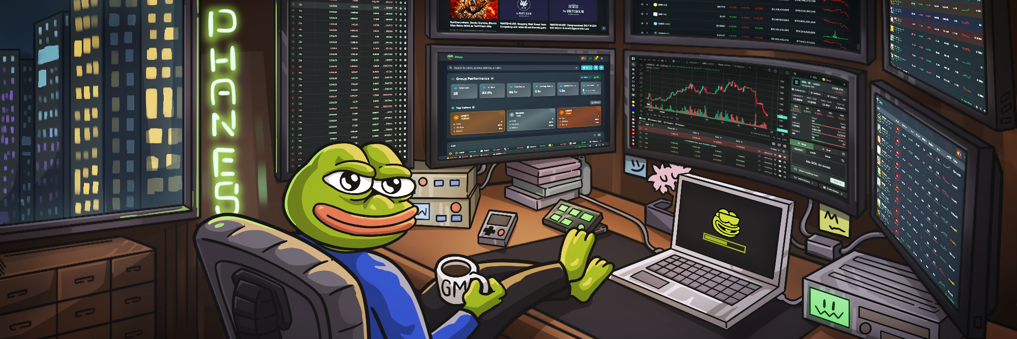 The Phanes mascot at a desk of trading screens, with a neon Phanes sign in the window